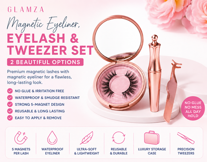 Glamza Magnetic Eyeliner & Magnetic Eyelash Kit with Applicator Tweezer | Diamond or Allure Styles