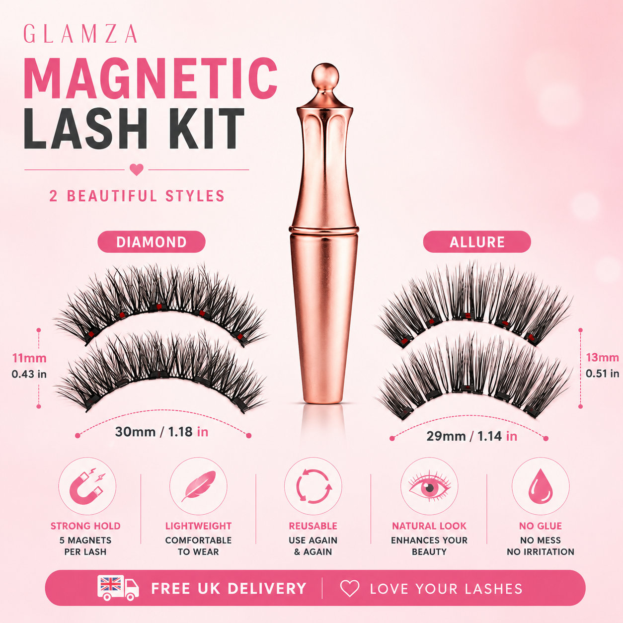 Glamza Magnetic Eyeliner & Magnetic Eyelash Kit with Applicator Tweezer | Diamond or Allure Styles