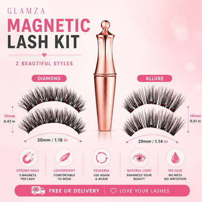 Glamza Magnetic Eyeliner & Magnetic Eyelash Kit with Applicator Tweezer | Diamond or Allure Styles
