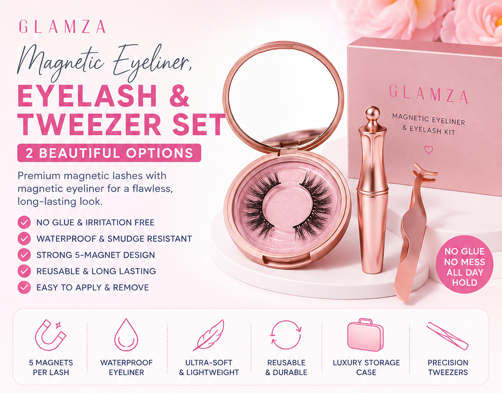 Glamza Magnetic Eyeliner & Magnetic Eyelash Kit with Applicator Tweezer | Diamond or Allure Styles