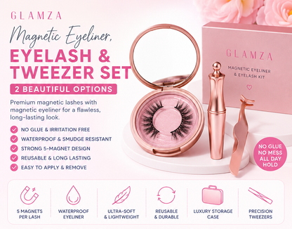 Glamza Magnetic Eyeliner & Magnetic Eyelash Kit with Applicator Tweezer | Diamond or Allure Styles