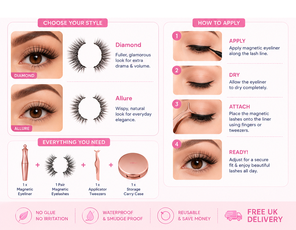 Glamza Magnetic Eyeliner & Magnetic Eyelash Kit with Applicator Tweezer | Diamond or Allure Styles