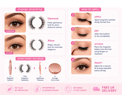 Glamza Magnetic Eyeliner & Magnetic Eyelash Kit with Applicator Tweezer | Diamond or Allure Styles
