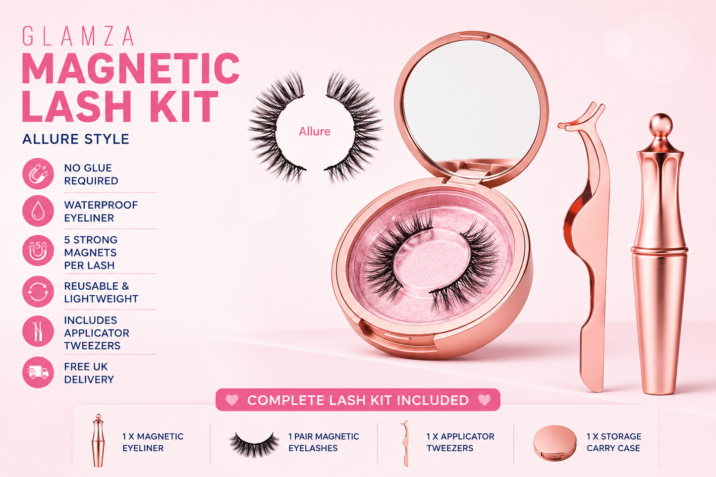 Glamza Magnetic Eyeliner & Magnetic Eyelash Kit with Applicator Tweezer | Diamond or Allure Styles