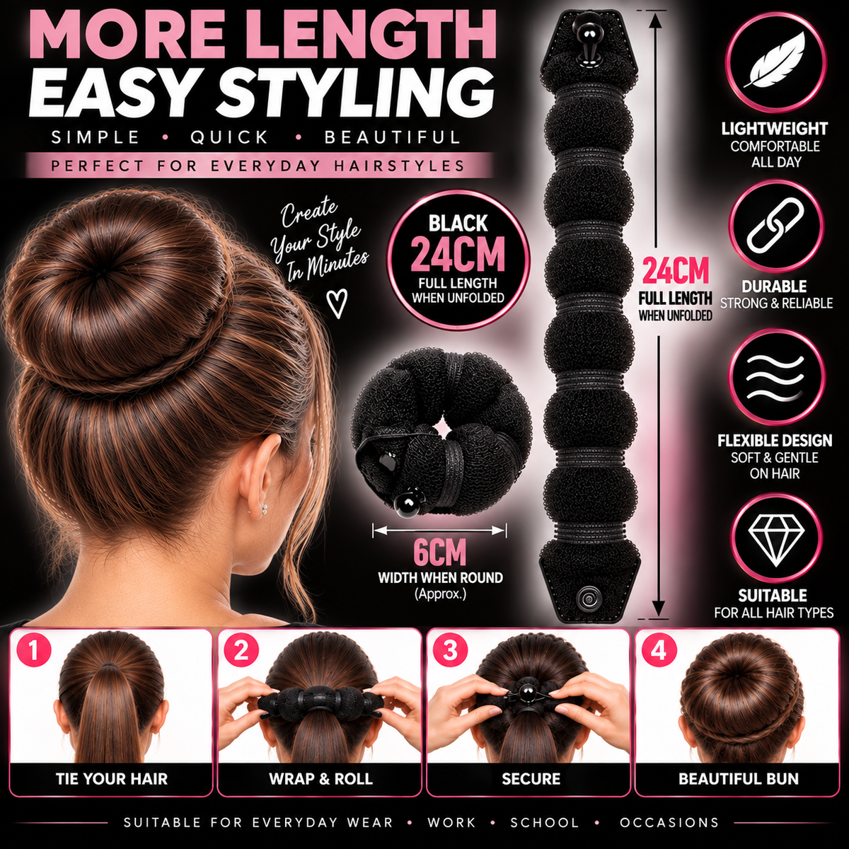 Hair So Hair Bun Rolls – Effortless Updo Styling in Black, Brown, or Blonde - 24cm x 6cm