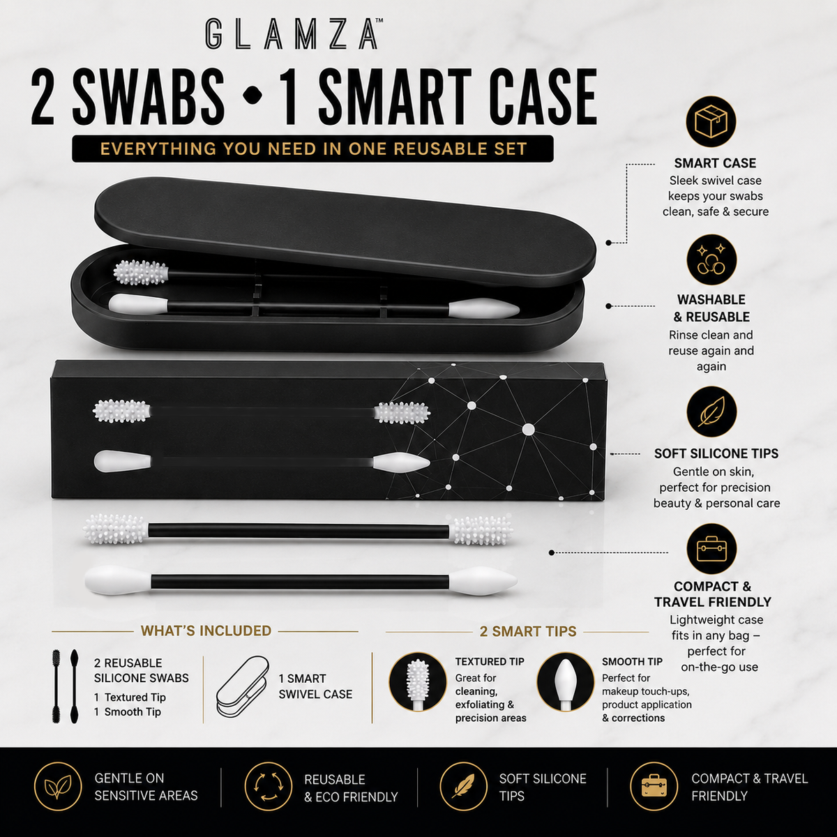 Glamza ‘One Swab’ Reusable Silicone Multi-Use Swabs – 2 Pack with Travel Case