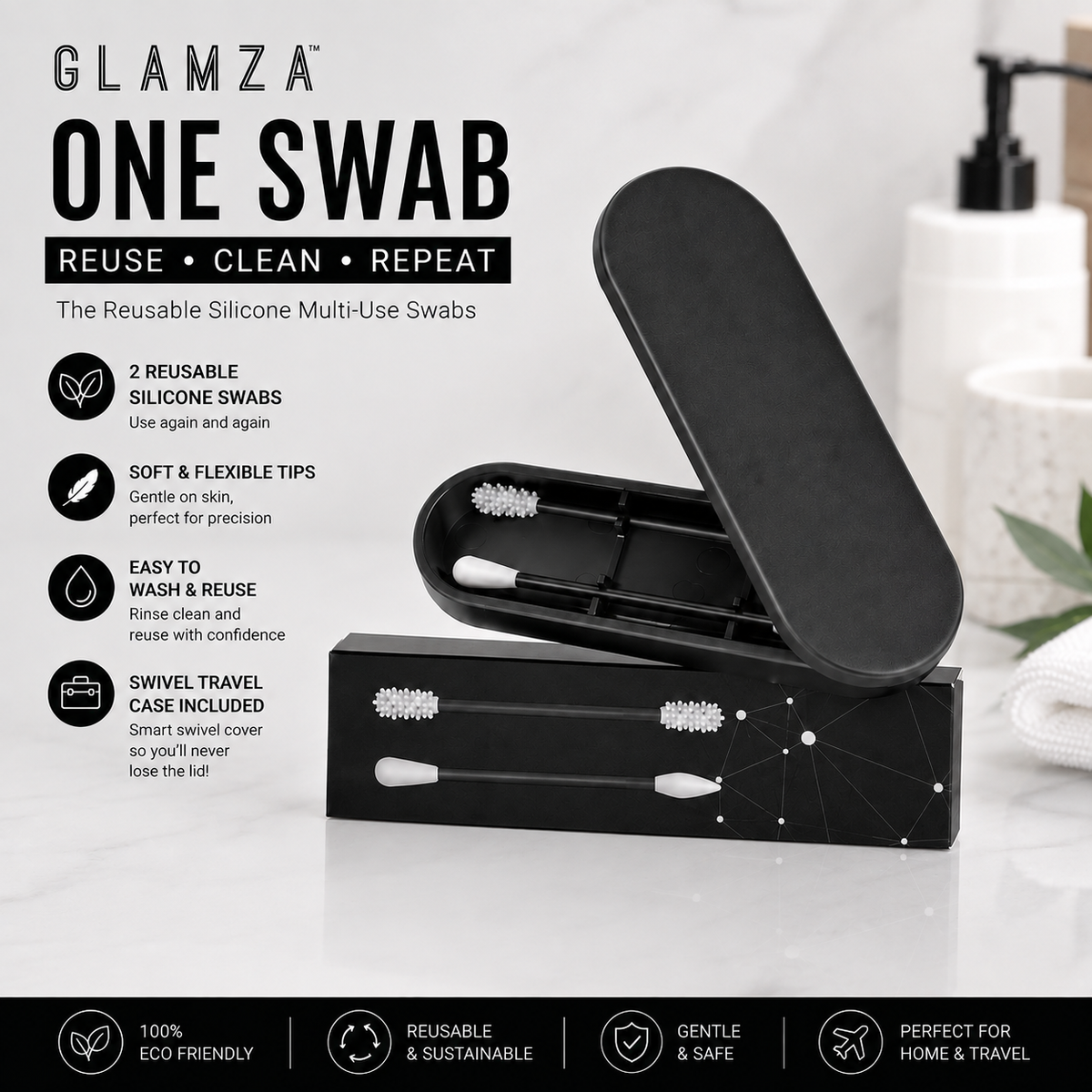Glamza ‘One Swab’ Reusable Silicone Multi-Use Swabs – 2 Pack with Travel Case