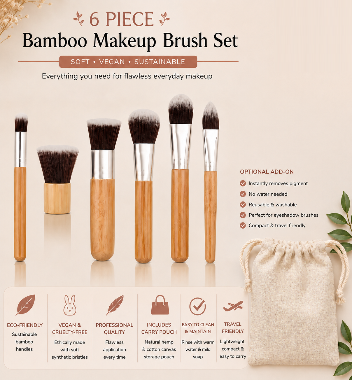 Glamza Bamboo Make Up Brush Set - 6pc or 10pc