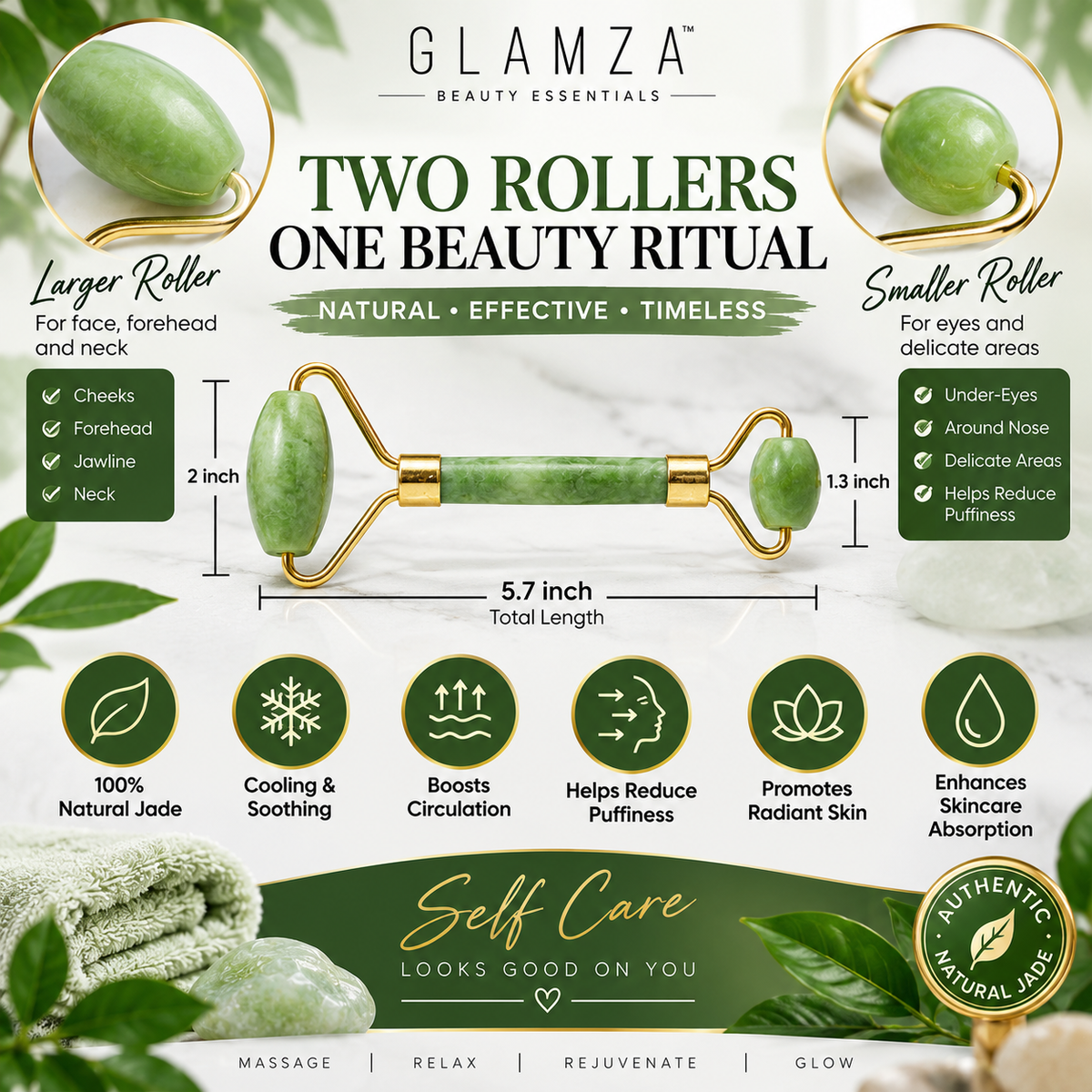 Glamza Jade Roller – Double-Sided Natural Facial Massager
