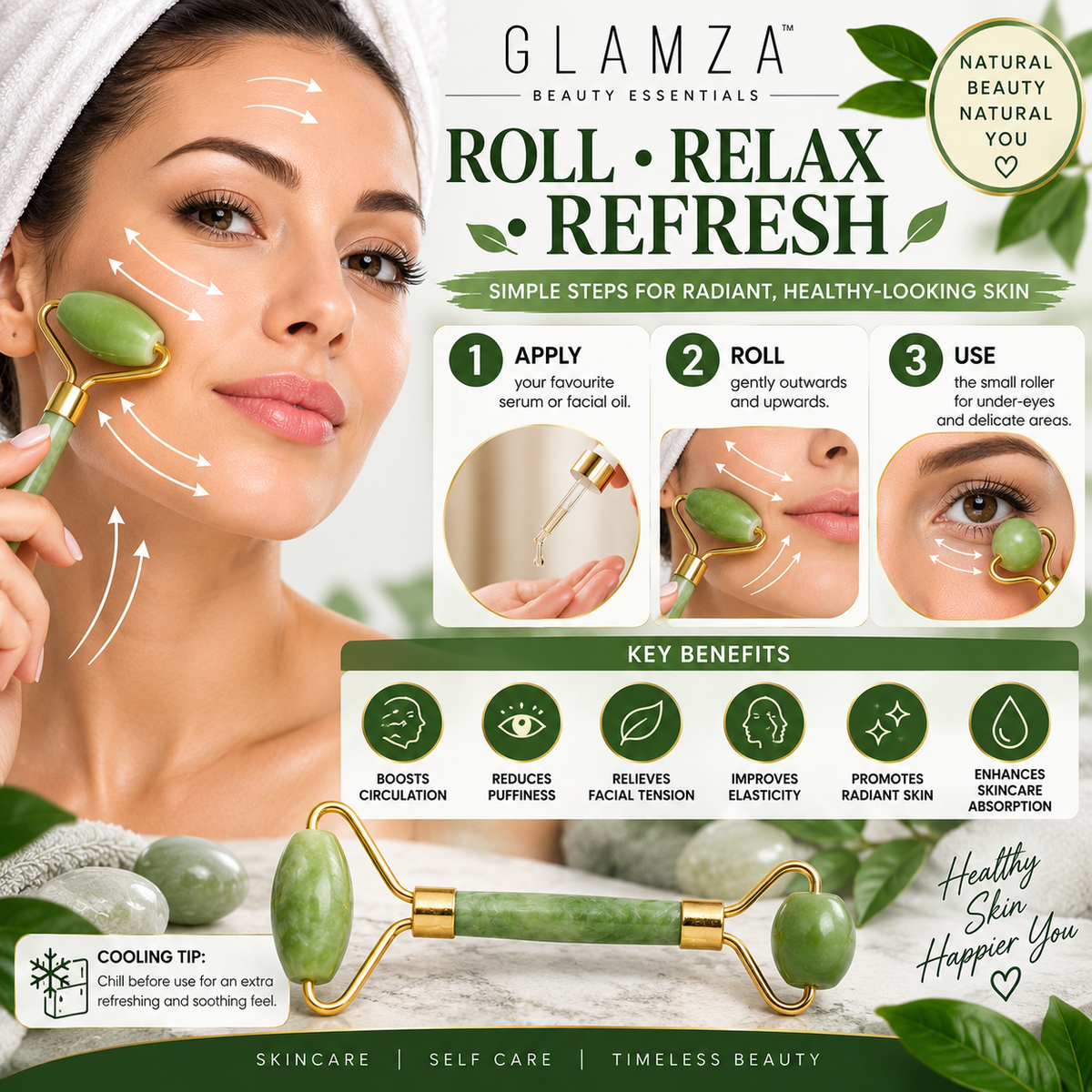 Glamza Jade Roller – Double-Sided Natural Facial Massager
