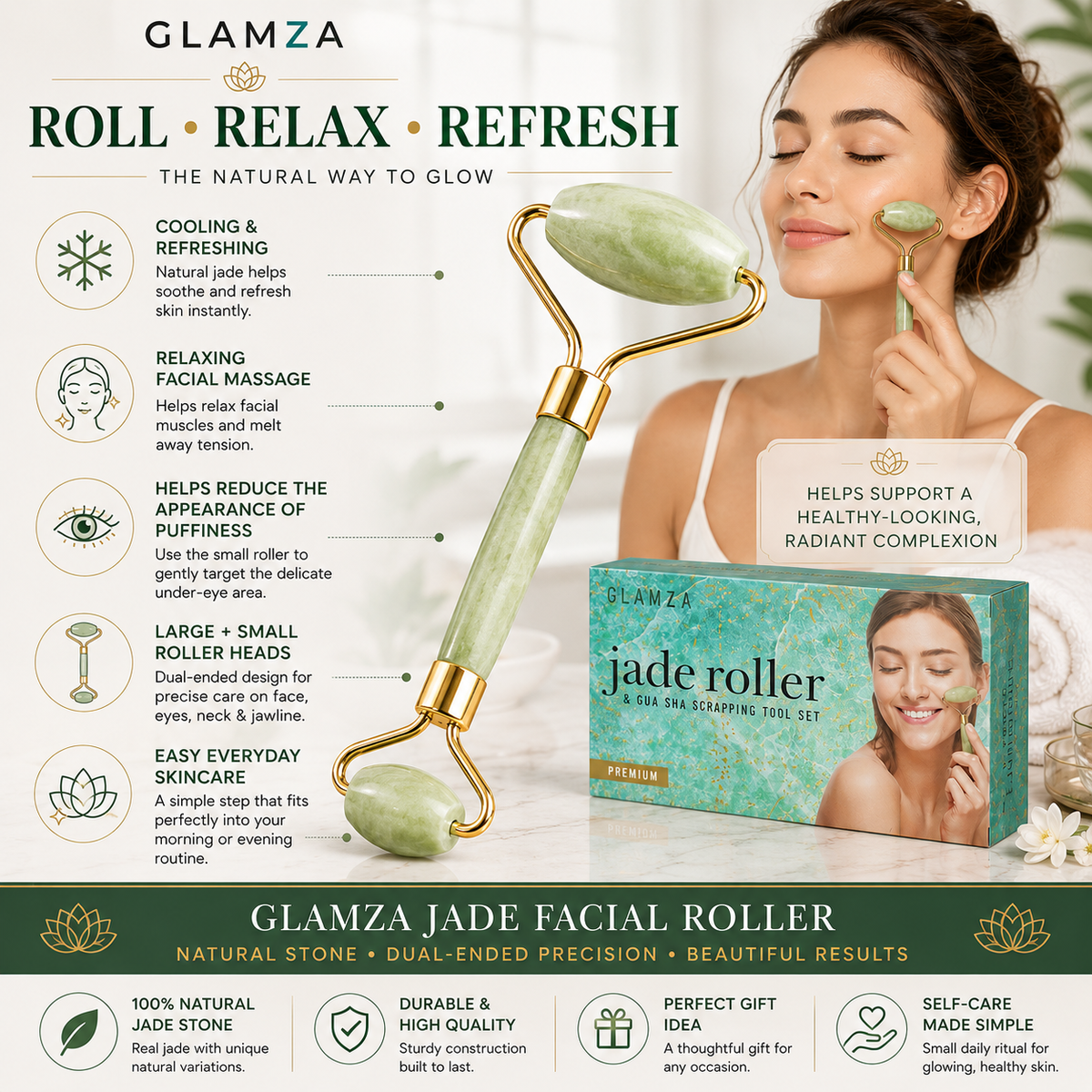 Glamza Jade Roller & Gua Sha Scraping Tool Set