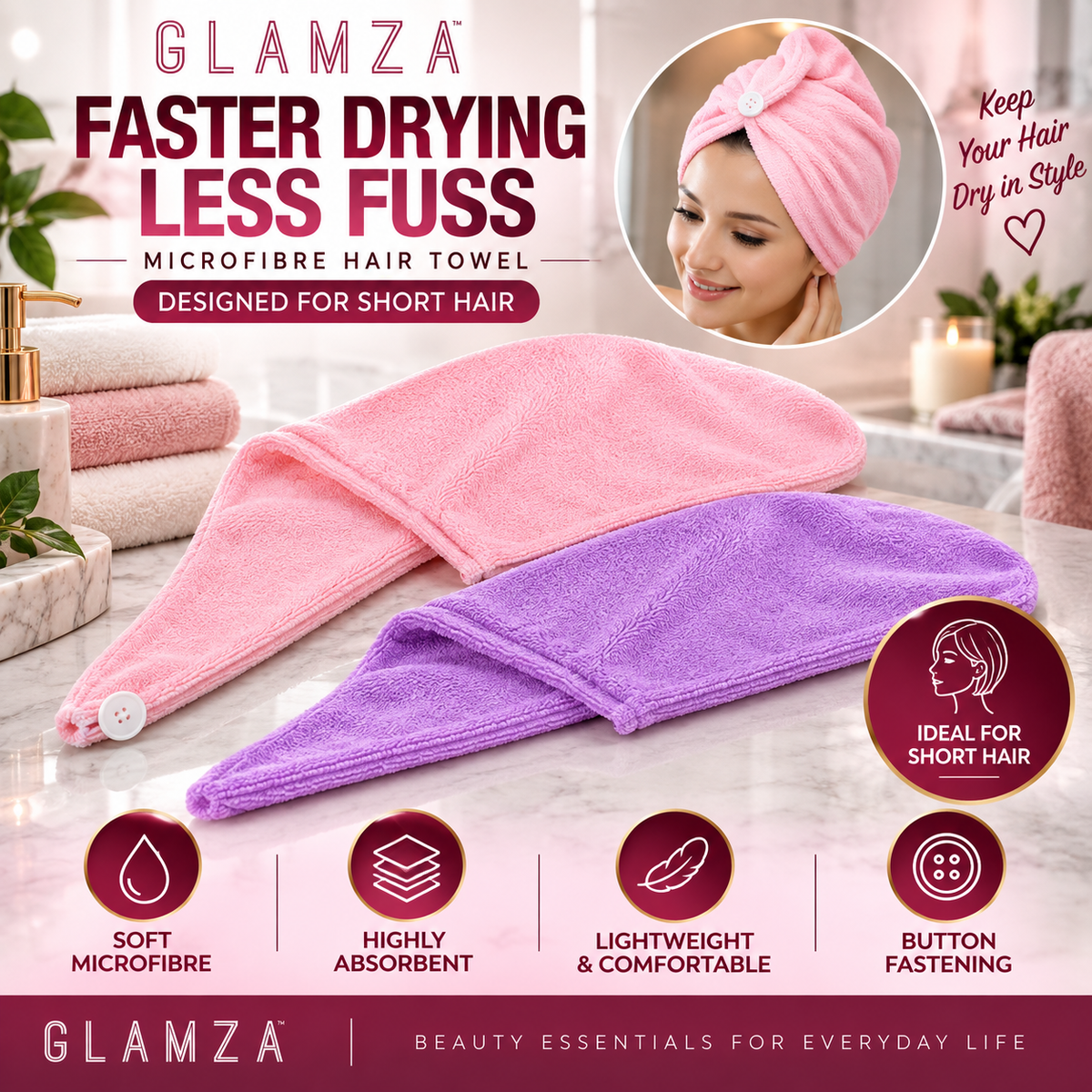 Glamza Microfibre Rapid Dry Hair Towel Wrap – Short Hair – Pink or Purple