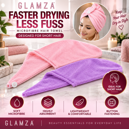 Glamza Microfibre Rapid Dry Hair Towel Wrap – Short Hair – Pink or Purple