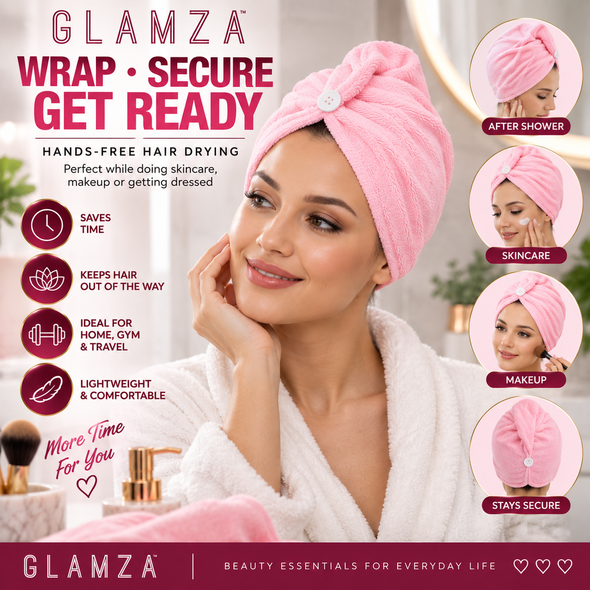 Glamza Microfibre Rapid Dry Hair Towel Wrap – Short Hair – Pink or Purple