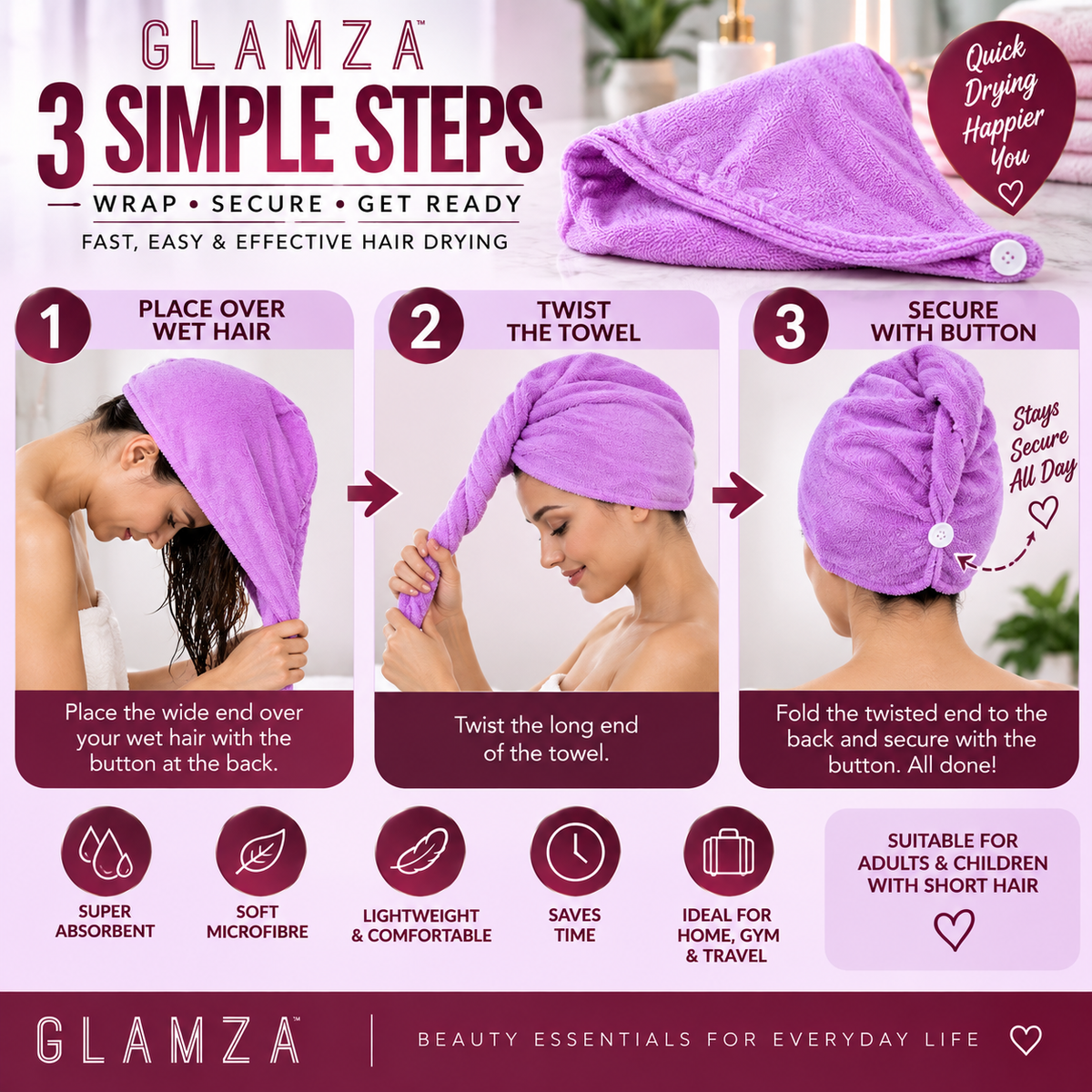 Glamza Microfibre Rapid Dry Hair Towel Wrap – Short Hair – Pink or Purple