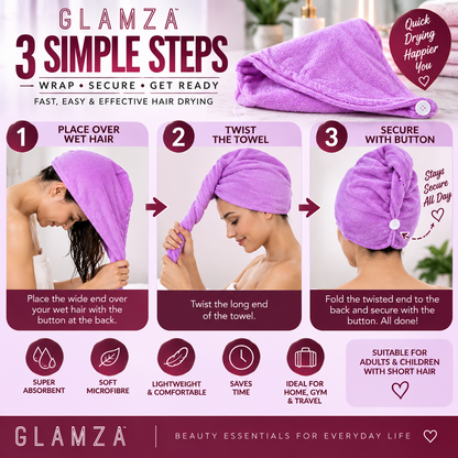 Glamza Microfibre Rapid Dry Hair Towel Wrap – Short Hair – Pink or Purple