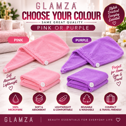 Glamza Microfibre Rapid Dry Hair Towel Wrap – Short Hair – Pink or Purple