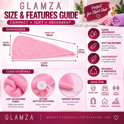Glamza Microfibre Rapid Dry Hair Towel Wrap – Short Hair – Pink or Purple