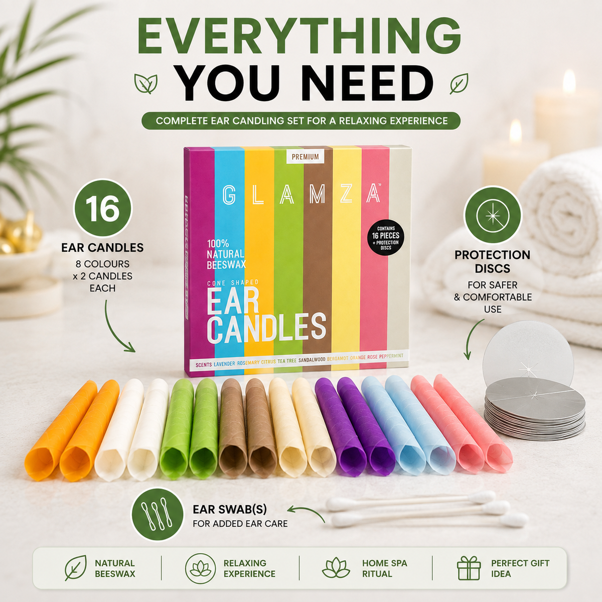 Glamza 16 Premium Ear Candles with Ear Protection Discs – Home Relaxation Set