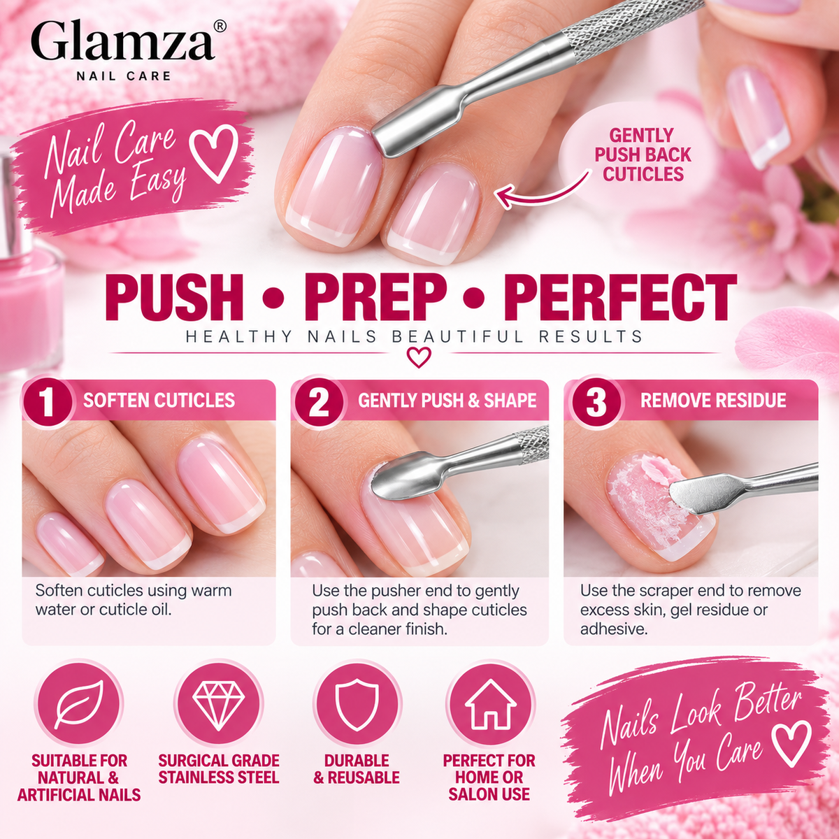 Glamza 2 in 1 Double Ended Cuticle Pusher &amp; Scraper – Stainless Steel Manicure Nail Tool