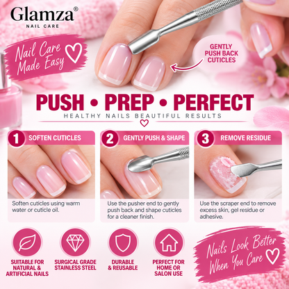 Glamza 2 in 1 Double Ended Cuticle Pusher &amp; Scraper – Stainless Steel Manicure Nail Tool