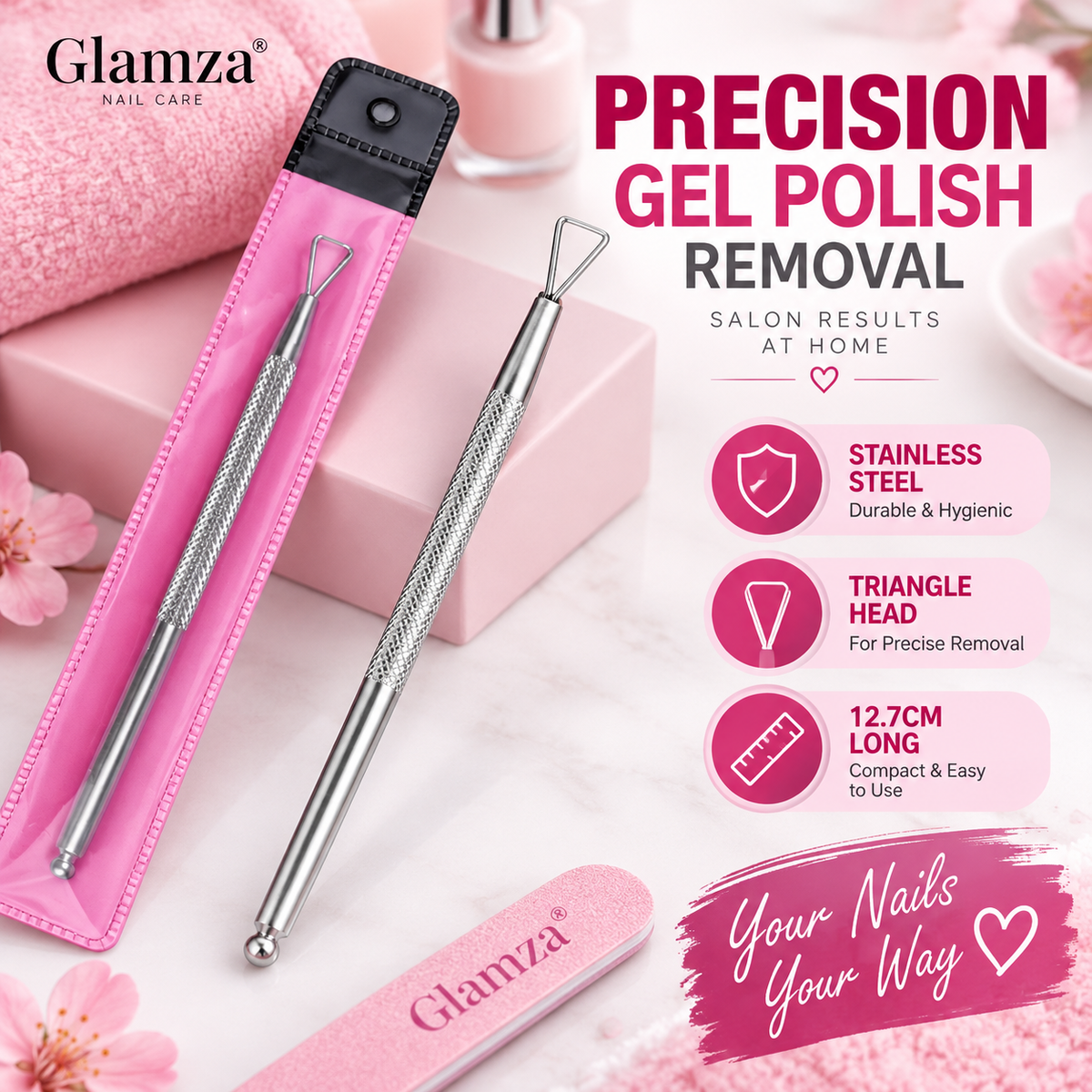 Glamza Gel Polish Nail Scraper Tool – Stainless Steel Triangle Head Gel Remover – 12.7cm