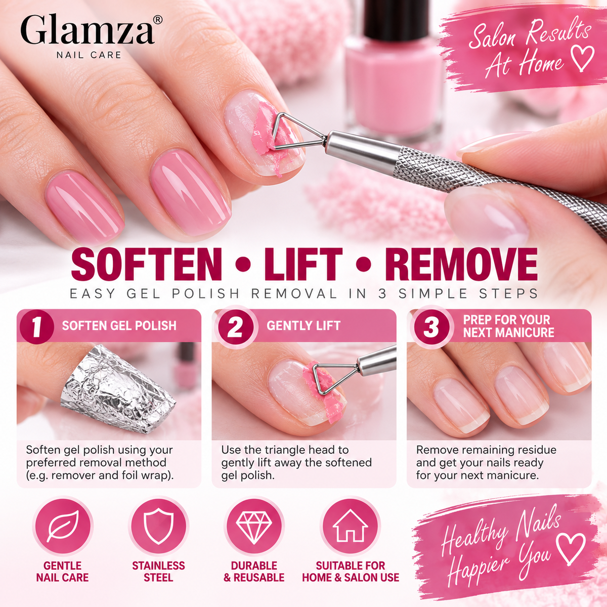 Glamza Gel Polish Nail Scraper Tool – Stainless Steel Triangle Head Gel Remover – 12.7cm