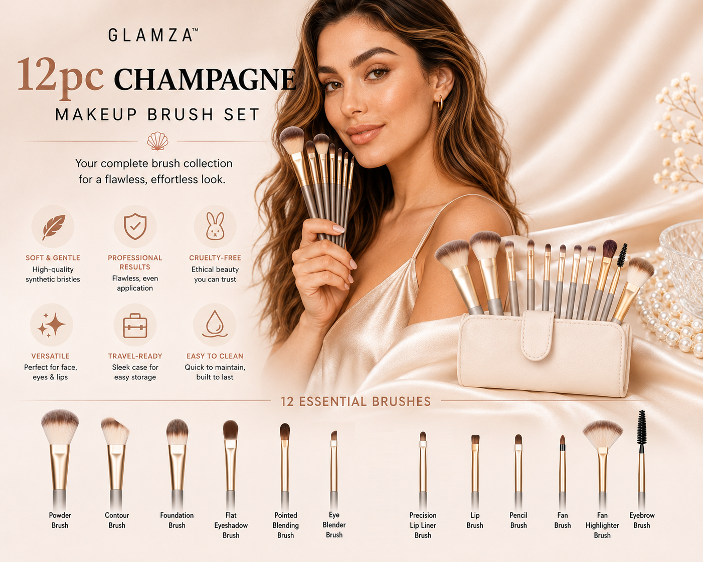 Glamza 12pc Champagne Makeup Brush Set