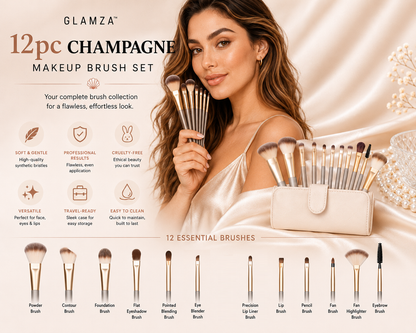 Glamza 12pc Champagne Makeup Brush Set