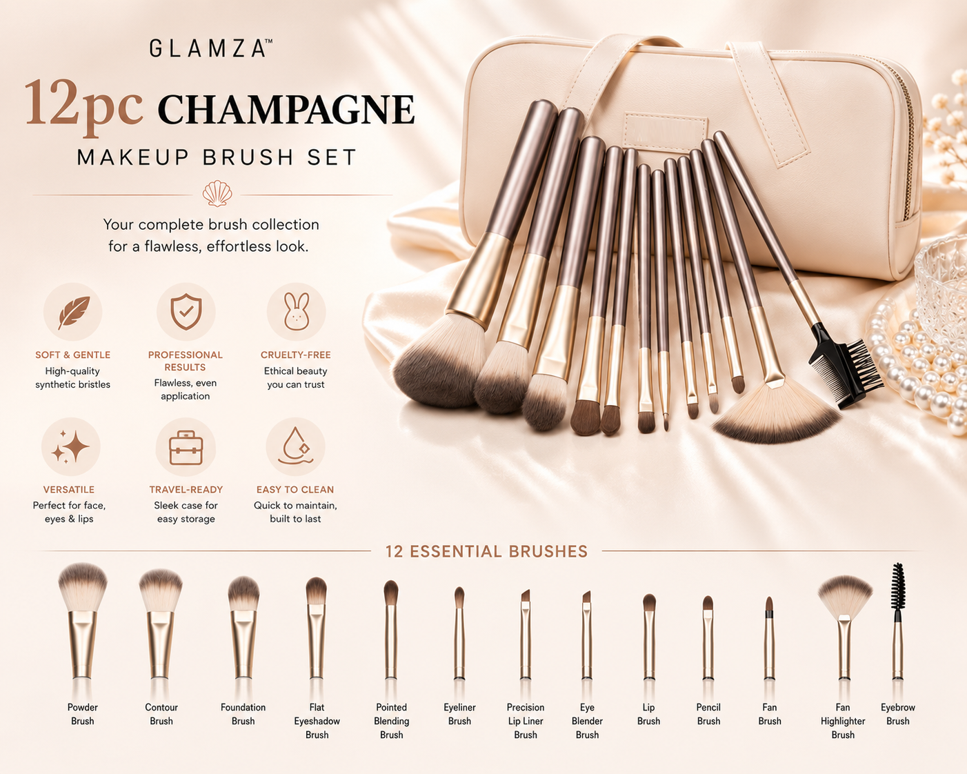 Glamza 12pc Champagne Makeup Brush Set