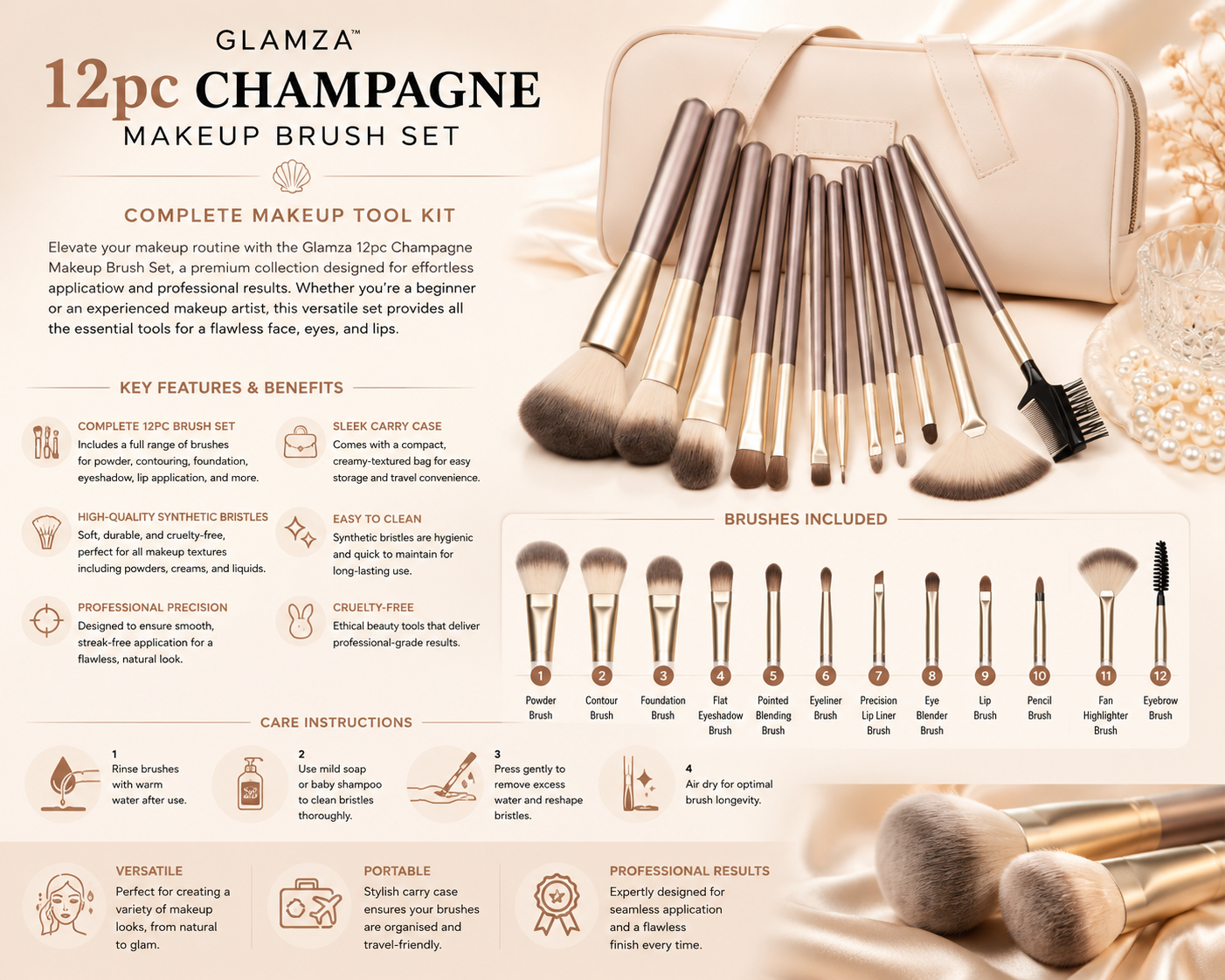 Glamza 12pc Champagne Makeup Brush Set