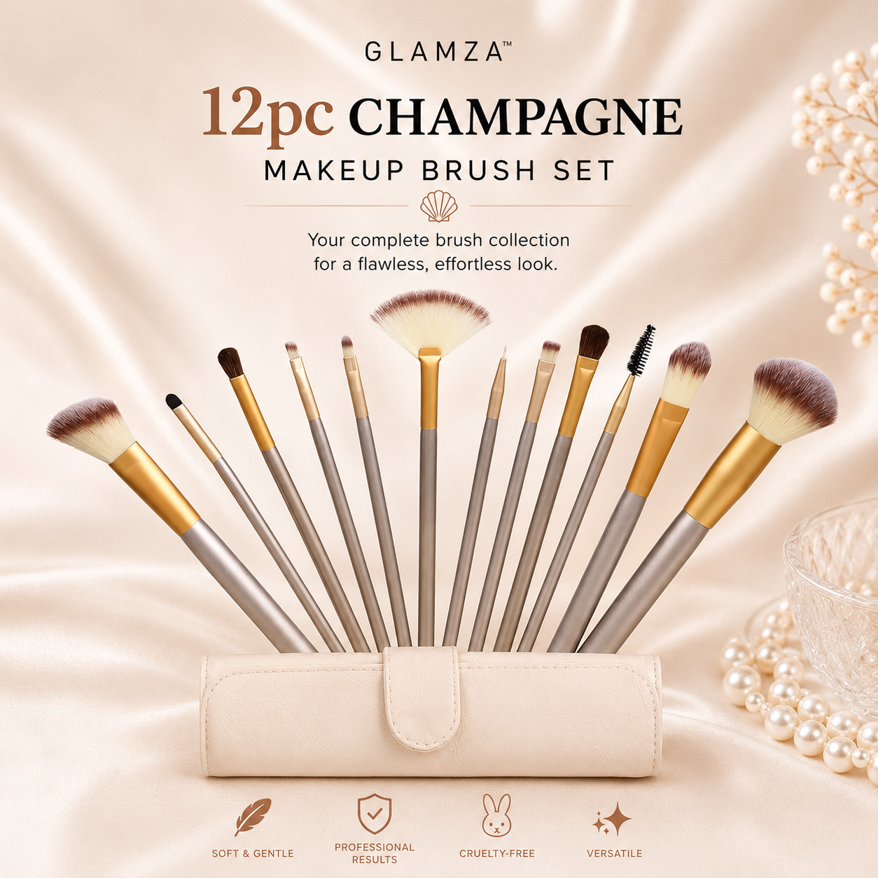 Glamza 12pc Champagne Makeup Brush Set