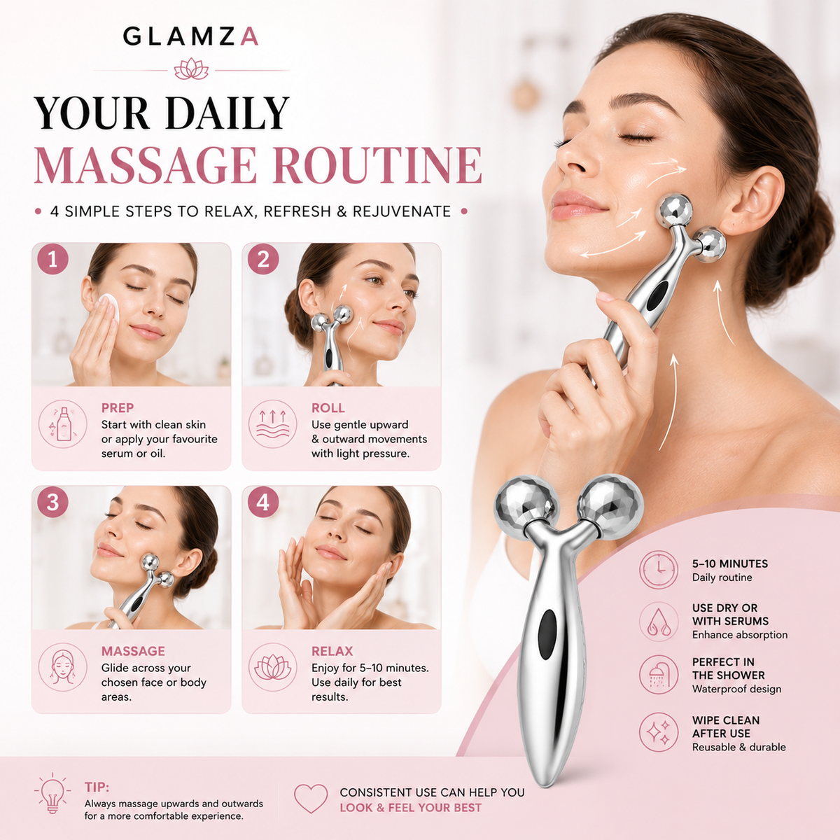 Glamza 3D Body & Facial Massage Roller - Silver