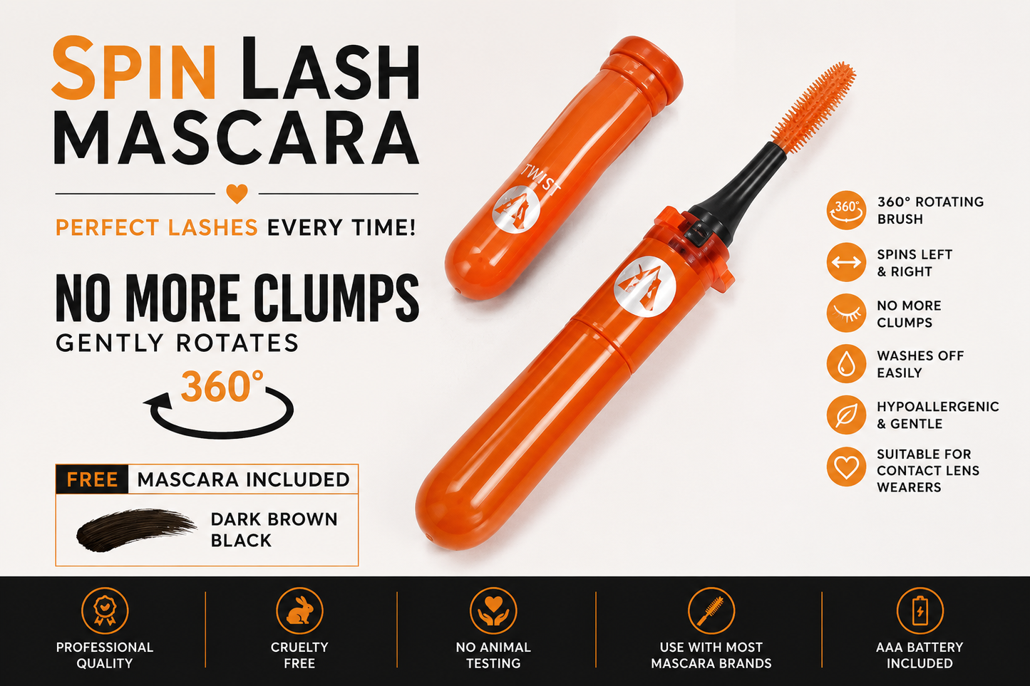 Spin Lash Electric Rotating Mascara – 360° Precision Lash Brush with Mascara Included