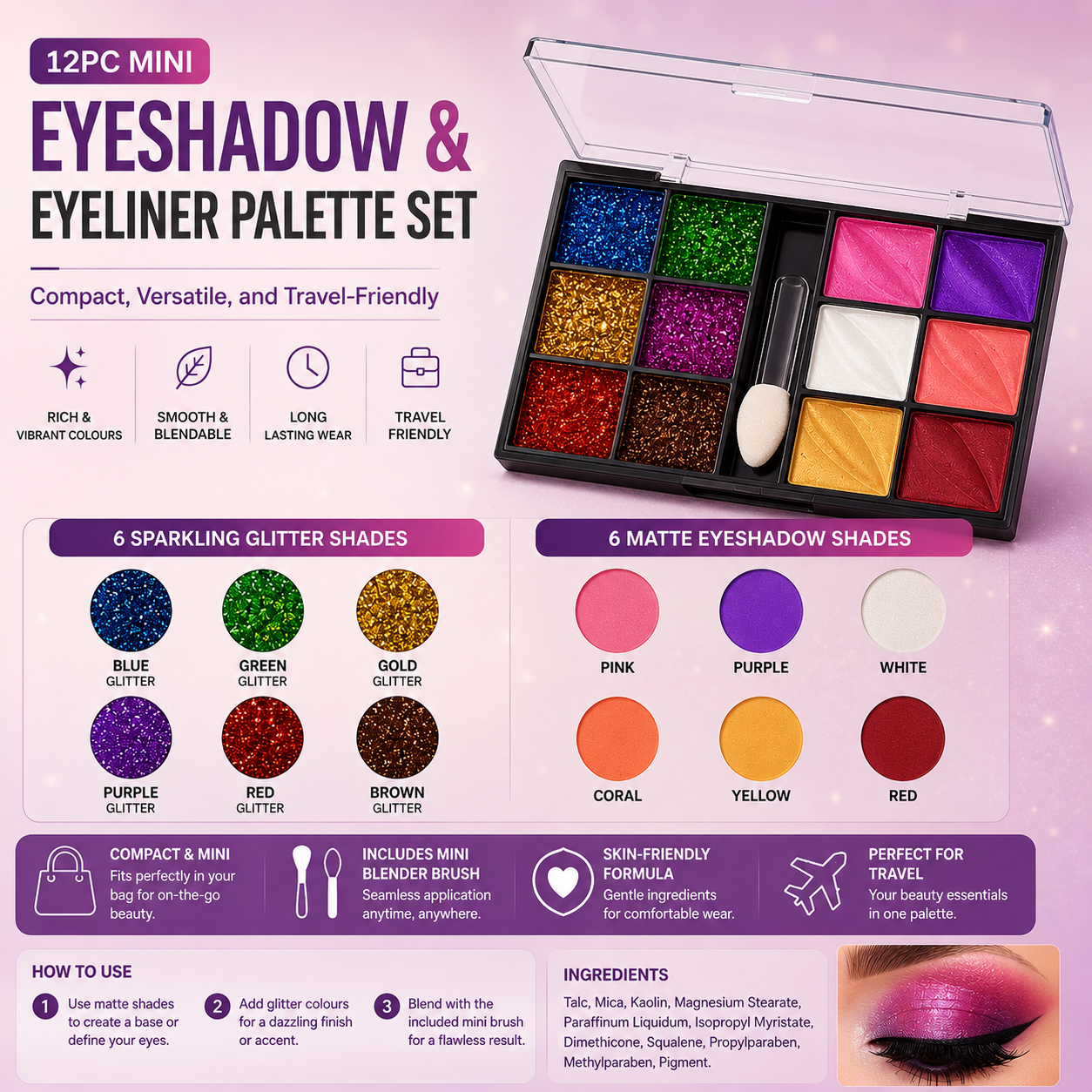 12pc Mini Eyeshadow & Eyeliner Palette Set – Glitter & Matte Shades