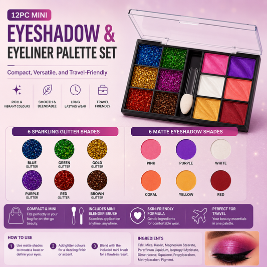 12pc Mini Eyeshadow & Eyeliner Palette Set – Glitter & Matte Shades