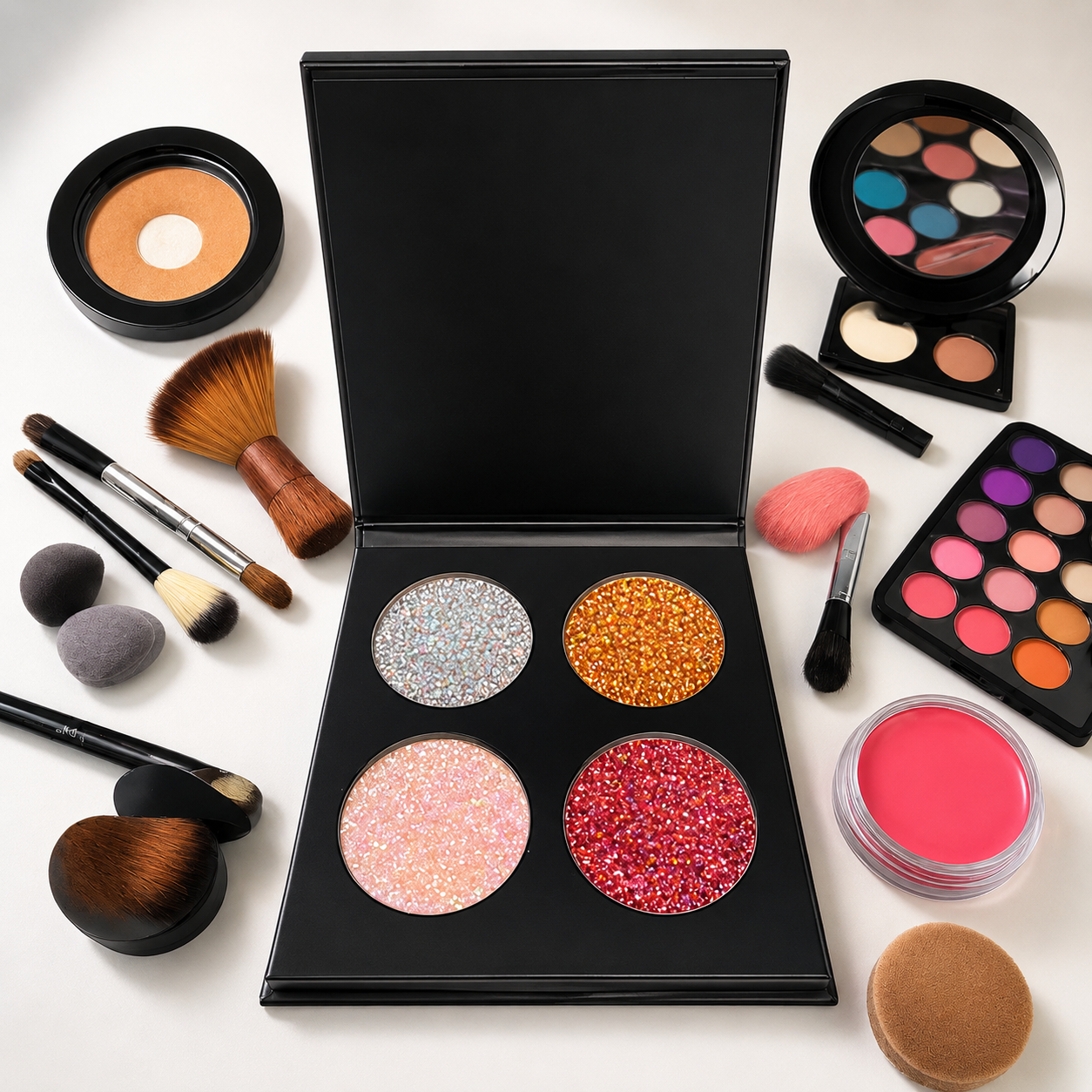 4pc Slim Glitter Eyeshadow Palette with Magnetic Flip-Top Closure – Black Compact