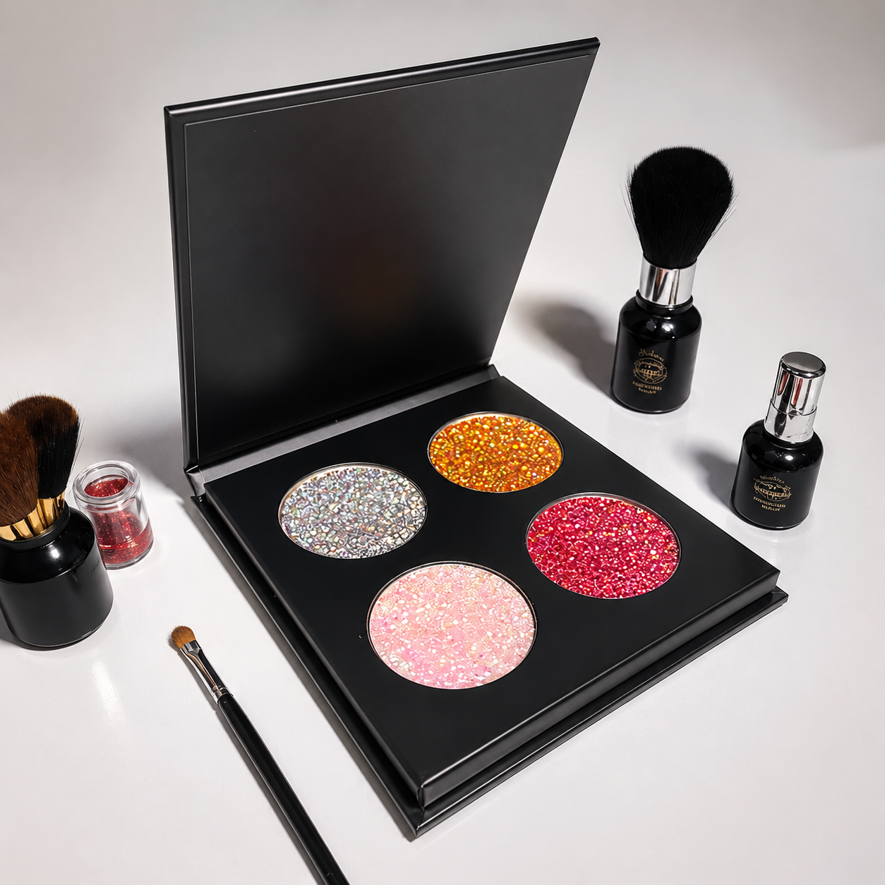 4pc Slim Glitter Eyeshadow Palette with Magnetic Flip-Top Closure – Black Compact