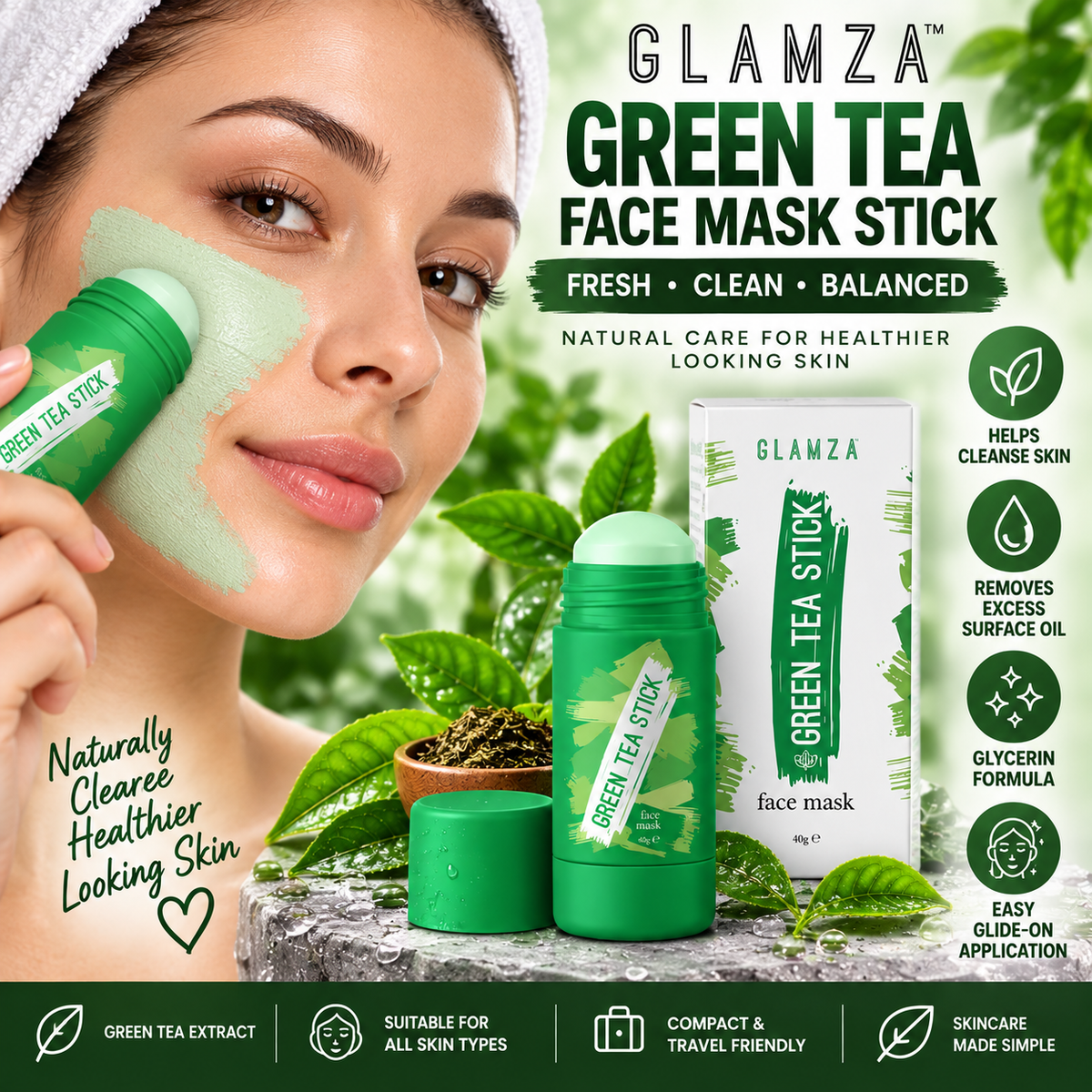 Glamza Green Tea Face Mask Sticks – 40g Purifying Clay Masks