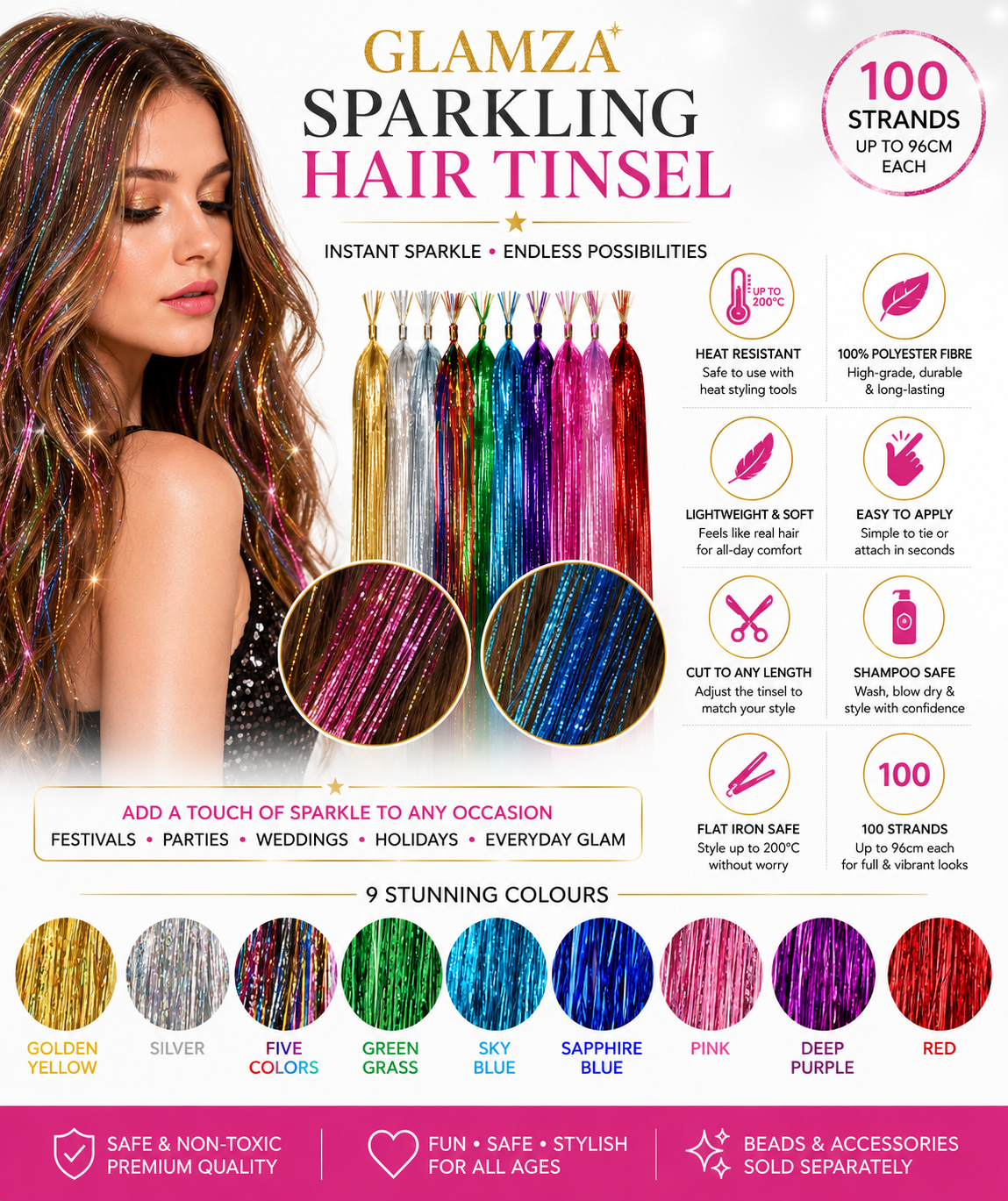 Glamza Sparkling Hair Tinsel - 9 Bright Colours to Choose From!