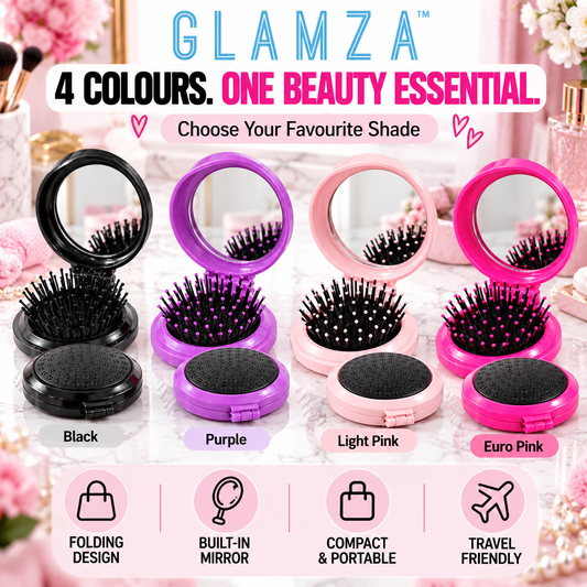 Glamza Round Folding Detangle Hair Brush with Mirror