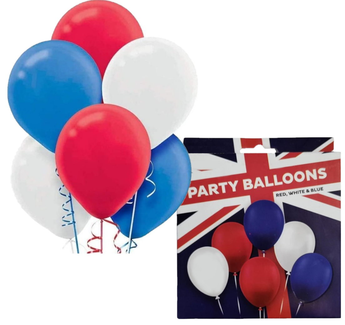 British Patriot Party Balloons 12 Pack in Red White & Blue - 30cm
