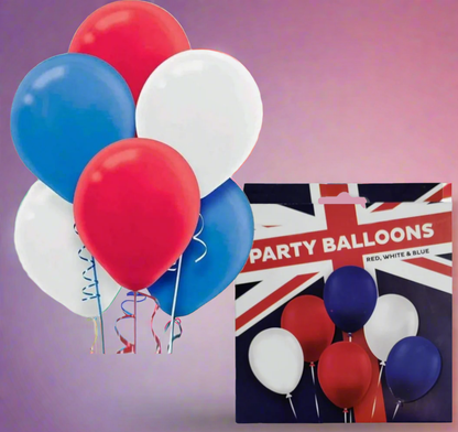 British Patriot Party Balloons 12 Pack in Red White & Blue - 30cm