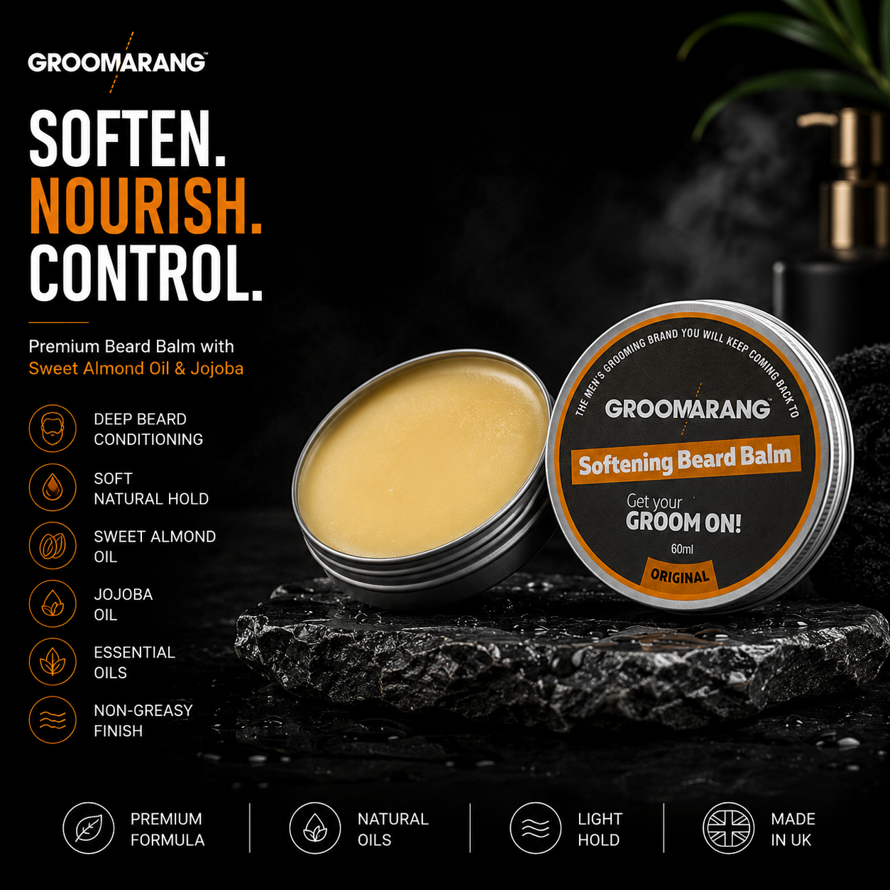 Groomarang Softening Beard Balm 60ml - Enriched with Sweet Almond Oil, Jojoba, Limonene & Linalool