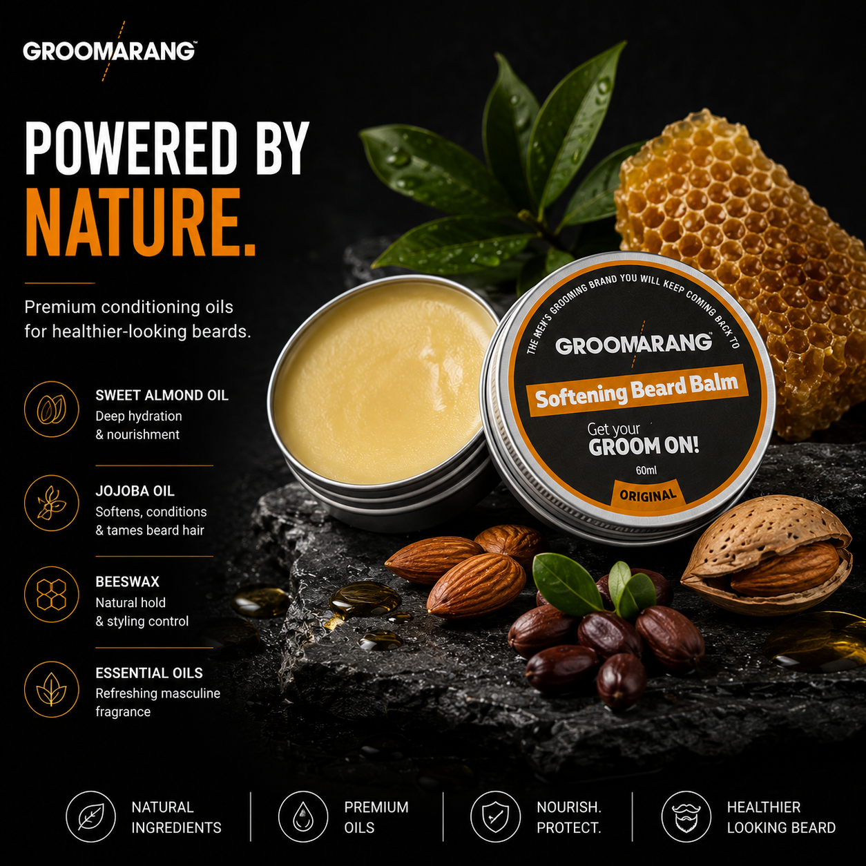Groomarang Softening Beard Balm 60ml - Enriched with Sweet Almond Oil, Jojoba, Limonene & Linalool