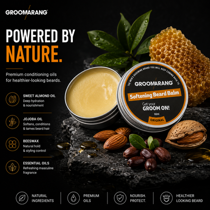 Groomarang Softening Beard Balm 60ml - Enriched with Sweet Almond Oil, Jojoba, Limonene & Linalool