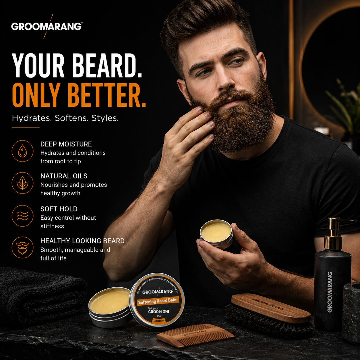 Groomarang Softening Beard Balm 60ml - Enriched with Sweet Almond Oil, Jojoba, Limonene & Linalool