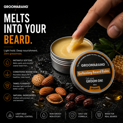 Groomarang Softening Beard Balm 60ml - Enriched with Sweet Almond Oil, Jojoba, Limonene & Linalool