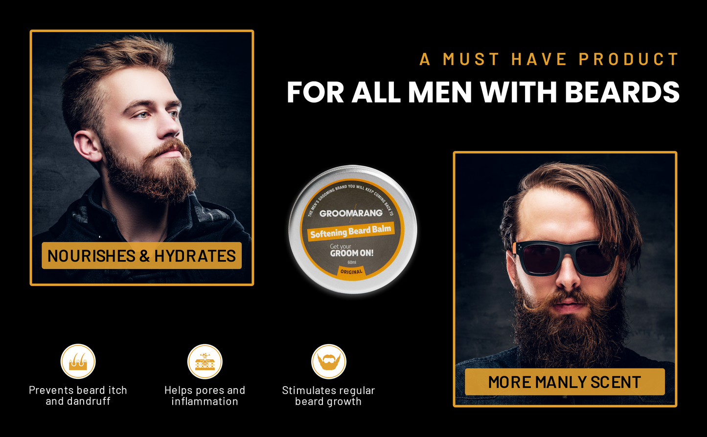 Groomarang Softening Beard Balm 60ml - Enriched with Sweet Almond Oil, Jojoba, Limonene & Linalool