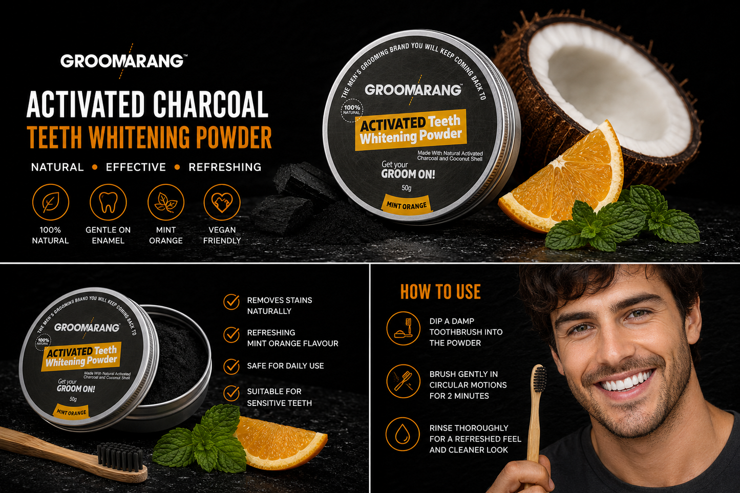 Groomarang Activated Charcoal & Coconut Shell Teeth Whitening Powder – 100% Natural & Vegan Friendly